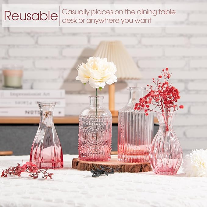 Valentine's Day Pink Glass Bud Vases Set of 12, Vintage Mini Vases for Centerpieces, Glass Bud Vase in Bulk for Wedding Decor, Single Flowers, Office and Home Table Flower Décor