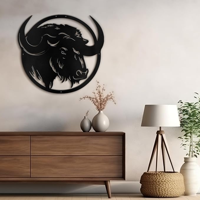 SIGNLEADER Metal Wall Art Decor Majestic Buffalo Circular Frame Minimalist Modern Abstract Wall Sculpture Hangings Home Decoration for Living Room, Bedroom, Bathroom, Kitchen, Outdoor - 18" Black