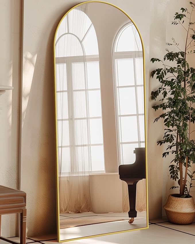 Antok Full Length Mirror, 59"x18.1" Floor Mirror with Stand, Hanging Mounted Mirrors for Bedroom, Living Room, Cloakroom, Dining Room, Gold, Arched
