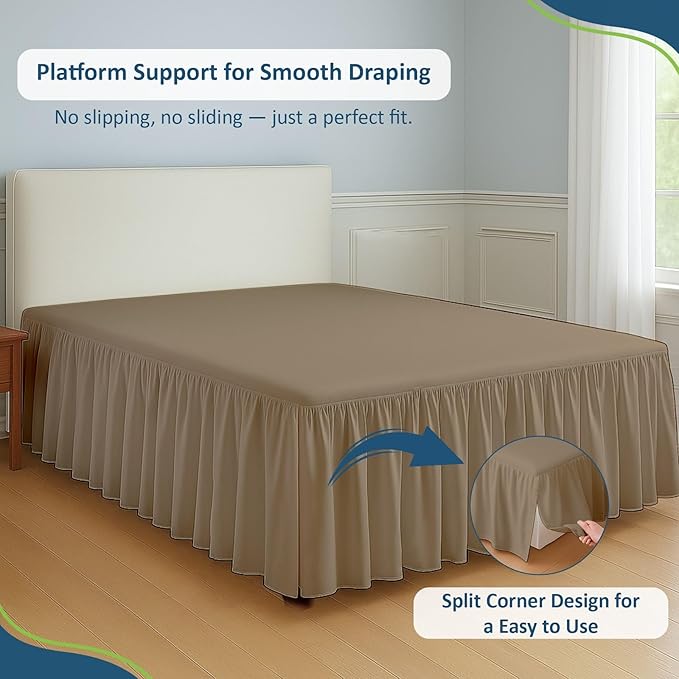 Rajlinen Ruffled Bed Skirt Full XL, 15 Inch Drop Dust Ruffle with Split Corners, 100% Microfiber Bedskirt with Platform, Three-Sided Coverage Ruffled Gathering Design, Taupe