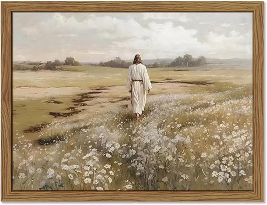 Framed Jesus Wall Art, Vintage Christian Canvas Wall Decor Pictures, Jesus Walking in Field Posters Prints, Rustic Religious Home Decor for Living Room Bedroom Church Prayer Room 12x16 Inch