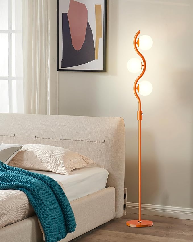 Lightdot 3-Globe Dimmable Floor Lamp Orange Mid Century Modern Standing Lamp with 3PCS 3000K G9 Bulbs Stepless Brightness Adjustable Stable Base for Living Room, Bedroom, Office