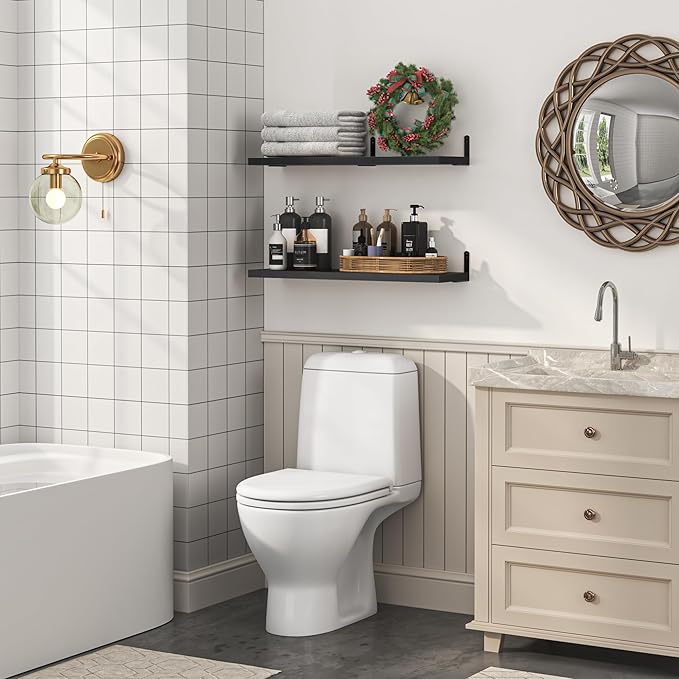 Marsmiles Extra Wide Floating Shelves for Wall, 32x8 Inch Natural Wood Grain Bookshelves, Heavy Duty Mounted Shelving for Bathroom, Kitchen, Living Room, Bedroom,Set of 2，Black