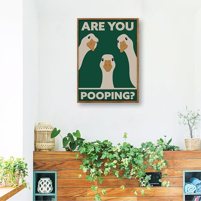 RVETNGVM Funny Three Geese Wall Art Are You Pooping Vintage Bathroom Decor Poster Animals Goosey Humorous Bathroom Aesthetic Prints Painting For Fun Restroom Wall Decor Framed 16"x24"