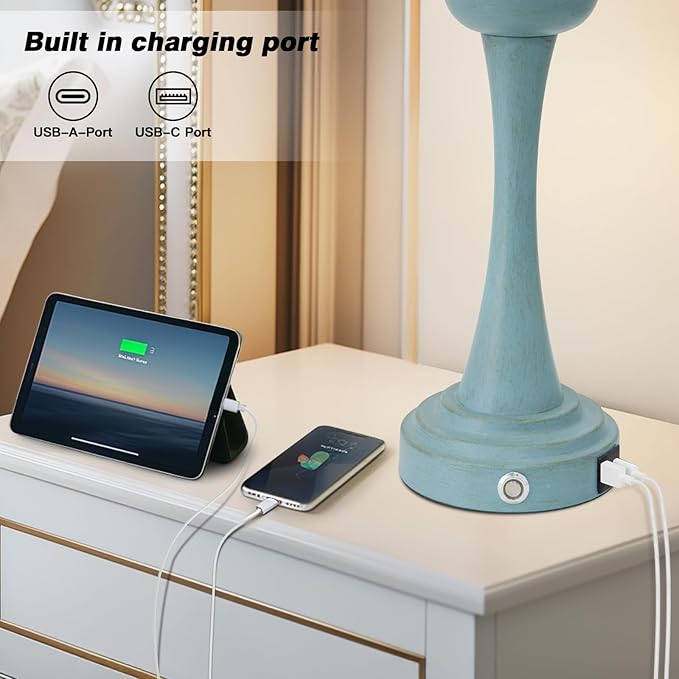 29" Coastal Table Lamp Set of 2, 3-Way Dimmable Touch-Control Bedside Lamps with USB-A+C Ports, Vintage Farmhouse Nightstand Lamps for Bedroom, Retro Blue (Includes 2 LED Bulbs)