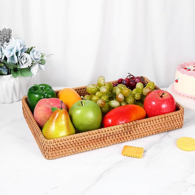 Wicker Storage Basket Rattan Tray Rectangular Wicker Basket Decorative Serving Tray Fruit Baskets Food Serving Holders Woven Baskets for Storage Home Kitchen Restaurant Decor