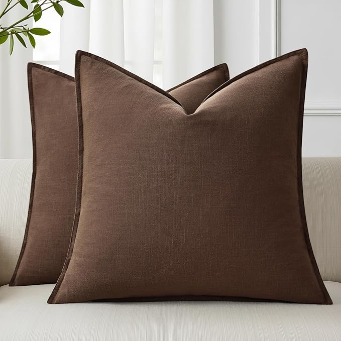 decorUhome Spring Decorative Linen Euro Sham Throw Pillow Covers 24x24 Inch Set of 2 Chocolate Pillow Covers with Flange Edges Soft Farmhouse Boho Accent Pillow Cases for Couch Bed Living Room