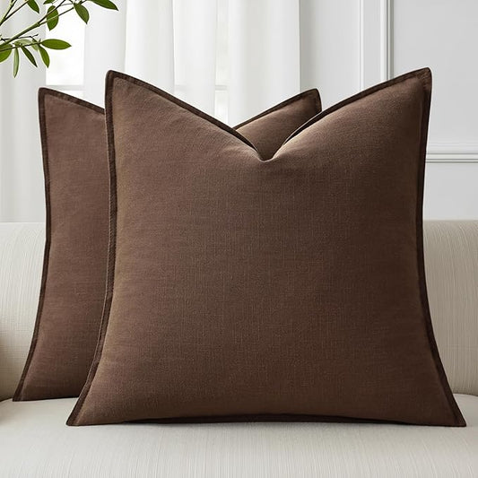 decorUhome Spring Decorative Linen Euro Sham Throw Pillow Covers 24x24 Inch Set of 2 Chocolate Pillow Covers with Flange Edges Soft Farmhouse Boho Accent Pillow Cases for Couch Bed Living Room