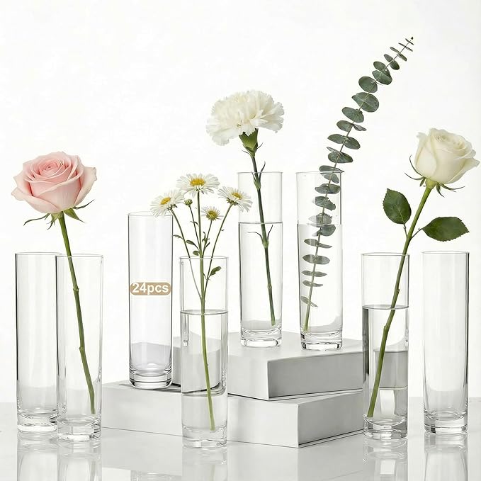 24 Pcs Acrylic Cylinder Bud Vases for Centerpieces, Acrylic Tall Flower Vase Clear Small Vases Bulk for Single Rose Table Centerpiece Wedding Home Decor Indoor Desk Office Party Decorations