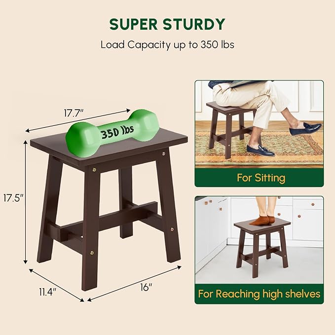 BEEFURNI Rectangular Acacia Wood Stool, Small Bench Seat, 18 Inch Stool, Wood Bathroom Vanity Bench, Plant Stand Indoor, 350 LBS Load Capacity, 1-Year Manufacturer Warranty (Brown)