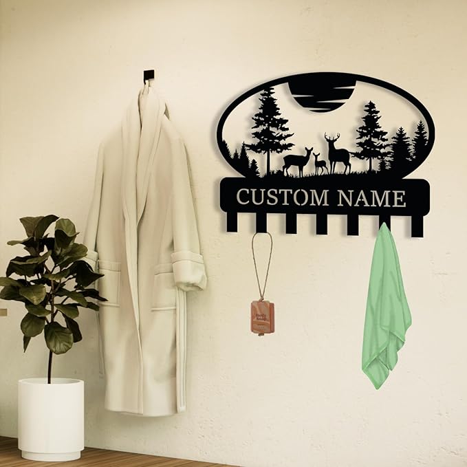 Personalized Metal Key Holder for Wall, Custom Metal Deer Cabin Key Hooks with Name, Name Letter Wall Decoration Key Hooks, Farmhouse Deer Sign, Key Rack for Kitchen, Key Organizer for Cabin Home Gift