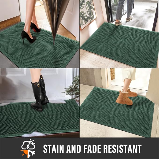 HIYARD Sturdy Front Door Mat, Absorbent Muddy Dirt Resist Welcome Door Mats Outdoor Indoor, Stain and Fade Resistant, Non-Slip Rubber Backing Low Profile Doormat for Entryway, 36×24, Green