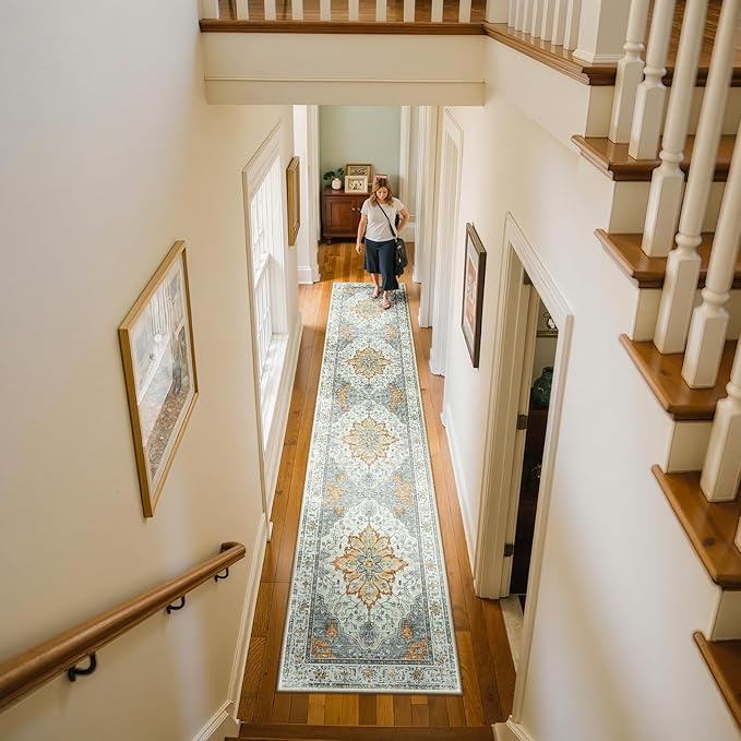 RELEANY Area Rugs 2'x10' Washable Non-Slip, Floral Vintage Distress Print Pattern Medallion Carpet for Living Room Bedroom Dining Room, Light Yellow Carbon Grey Orange