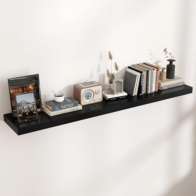 Floating Shelves for Wall, Engineered Wood Wall Shelves with Invisible Brackets for Living Room Bedroom Bathroom Office Kitchen Decor and Storage (Black, 55" W x 9" D x 1.5" H) Set of 1