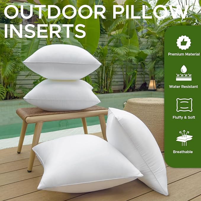QSWRD 22 x 22 Outdoor Pillow Insert Pack of 4 Patio Furniture Pillows Cushion Waterproof Square Throw Pillow Inserts Decorative Couch Pillow Inserts White Sofa Sham Cushion Stuffer