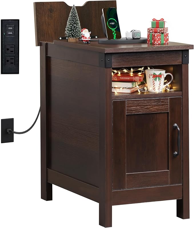 WLIVE End Table with Charging Station, Narrow Side Table for Living Room, Farmhouse Night Stand with Storage, Small Wooden Nightstand with USB Ports and Outlets for Living Room and Bedroom, Brown