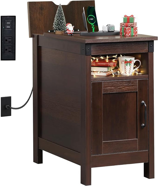 WLIVE End Table with Charging Station, Narrow Side Table for Living Room, Farmhouse Night Stand with Storage, Small Wooden Nightstand with USB Ports and Outlets for Living Room and Bedroom, Brown