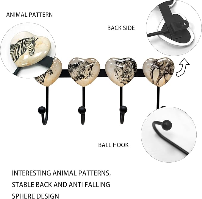 Coat Rack Wall Mounted with 4 Hook, Heart Glass Finishes Animal Pattern Elephant Lion Zebra Leopard Decorative Wall Hooks for Entryway Hanging Hat, Key, Towel, Purse and Bag - Metal