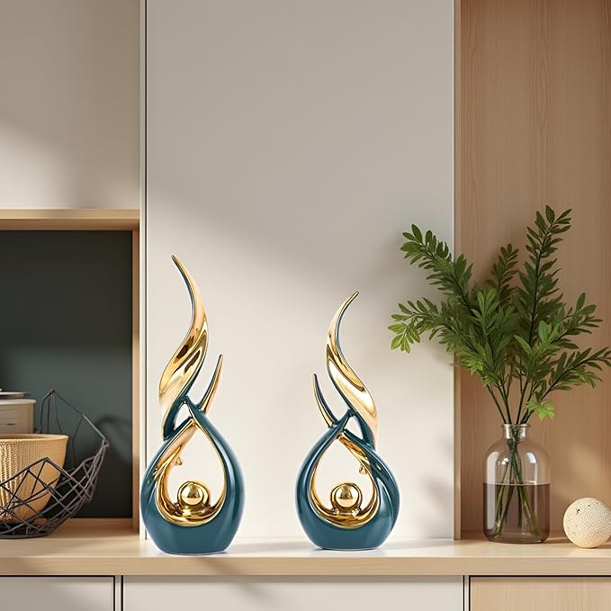 XMGZQ Gold Ceramic Abstract 2 Piece Statue Set,Mid Century Modern Abstract Art Home Decor Statue Mantelpiece on Unique Shelf Decor, TV Cabinet Divider Table top and Dining Table Centerpiece (Green)