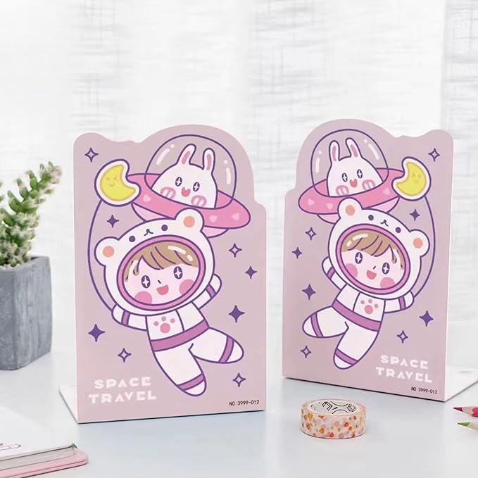 2 Pack Metal Bookends,Non-Slip Cartoon Girl Astronauts&Flying Saucer Book Stopper,5.3"x3.9"x8"Heavy Duty Premium Decorative Book End, Supports for Kids Children Shelves,School,Room,Learning Gift