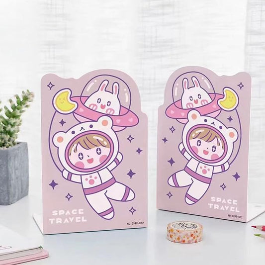 2 Pack Metal Bookends,Non-Slip Cartoon Girl Astronauts&Flying Saucer Book Stopper,5.3"x3.9"x8"Heavy Duty Premium Decorative Book End, Supports for Kids Children Shelves,School,Room,Learning Gift