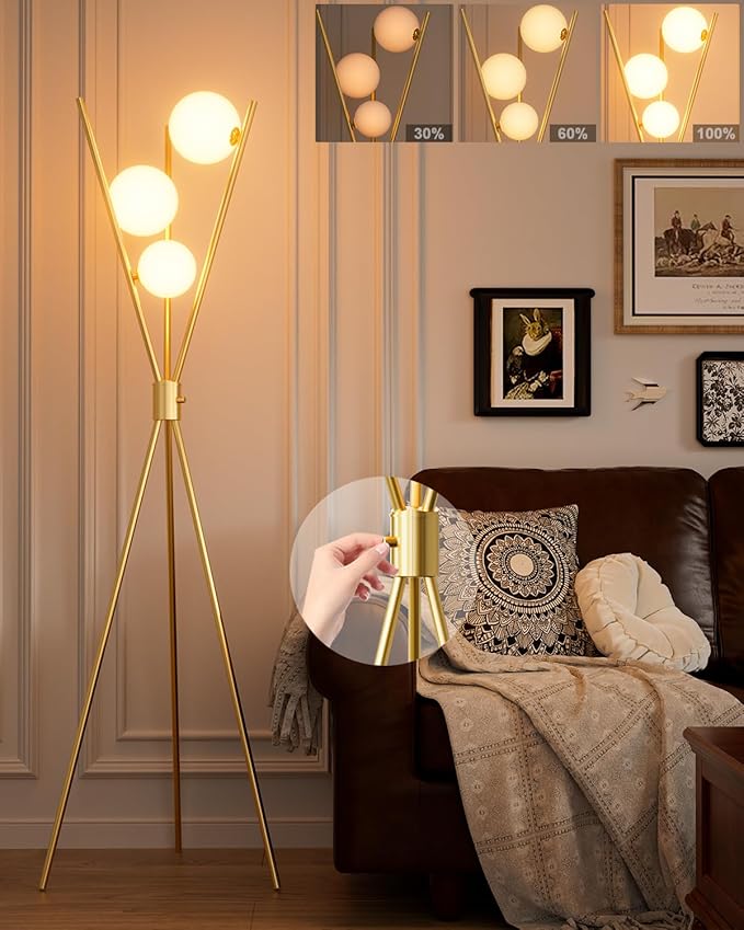 ACOHOOK 3 Globe Dimmable Tripod Floor Lamp, Mid Century Standing Lamps with 3Pcs 3000K Bulbs Included, Modern Tall Lamp for Living Room Bedroom Office-Gold
