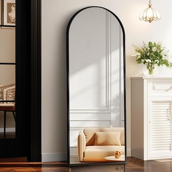 Full Length Mirror with Stand, Black Arched Full Body Mirror, Aluminum Alloy Thin Frame, Freestanding/Leaning/Wall Mount for Bedroom