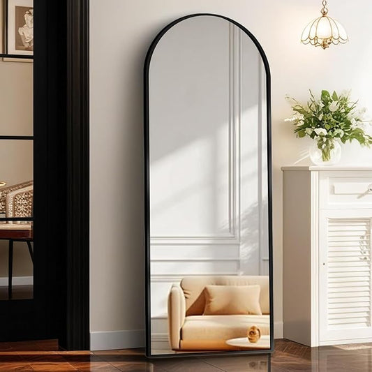 Full Length Mirror with Stand, Black Arched Full Body Mirror, Aluminum Alloy Thin Frame, Freestanding/Leaning/Wall Mount for Bedroom