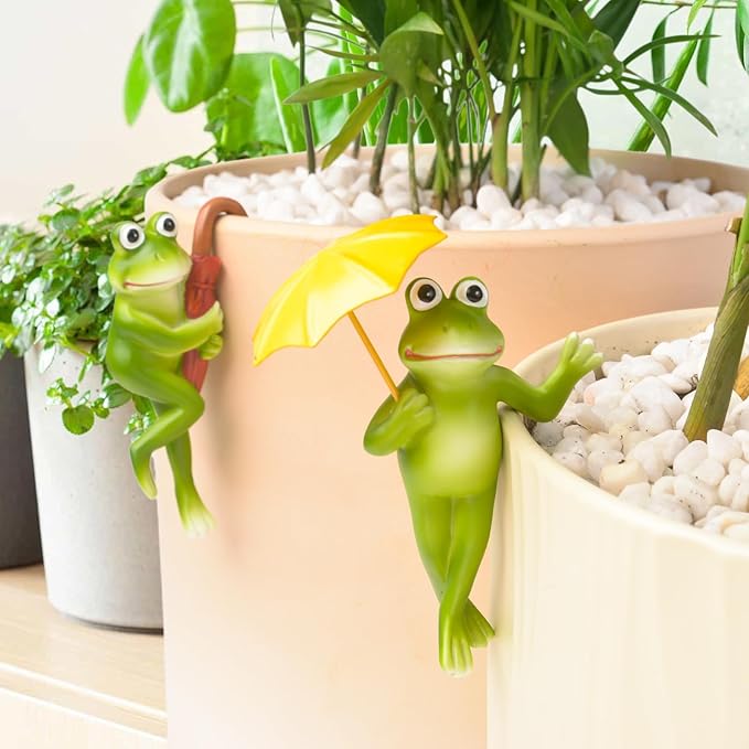 Miniature Frog Figurines Plant Decorations for Pots, 2Pcs Frog Statue Planter Hugger for Flower Yard Lawn Ornament