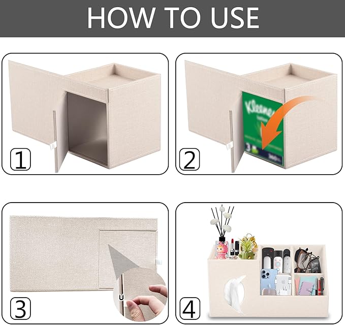 Plus Size Tissue Box Cover-Square Linen Tissue Cover with Side Storage and Tray,Modern Makeup Organizer,Leather Tissue Holder Decorative Cube Organizer for Living Room Vanity NightStand Office,Beige