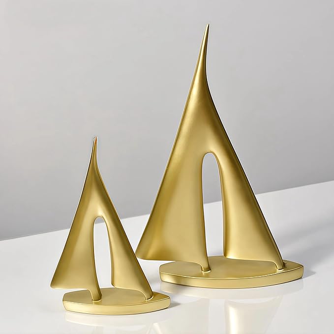 Modern Home Decor Sculpture, Sailboat Decor Abstract Statue, Resin Art Sculptures and Statues, Boat Gifts Home Tabletop Decoration, Living Room, Bathroom, Office, Bookshelf（2 Pack-Gold