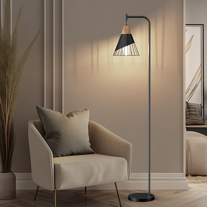 Alrryo 67" Industrial Floor Lamp with Wood & Black Metal Shade, Modern Standing Lamp, Rustic Farmhouse Tall Lamp for Living Room Bedroom Office, 2700K Bulb & Foot Switch Included (Black)