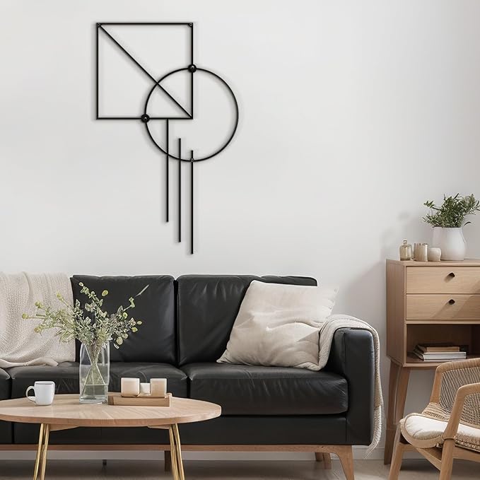 SIGNLEADER Metal Wall Decor Rectangle Circle Linear Minimalist Modern Luxury Wall Sculpture Hangings 3D Statue Home Decoration for Living Room, Bedroom, Bathroom, Kitchen, Fireplace, Office - 24" Black