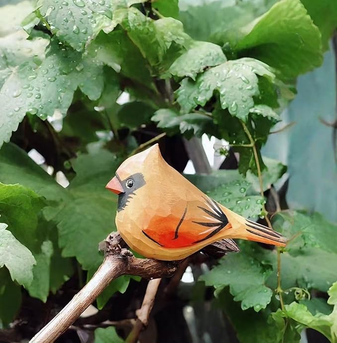 Handmade Wooden Northern Cardinal Figurines Set, Hand-Painted Female Cardinal Birds, Decorative Wood Bird Sculptures for Home Décor,Christmas Ornaments & Unique Gift for Bird Lovers