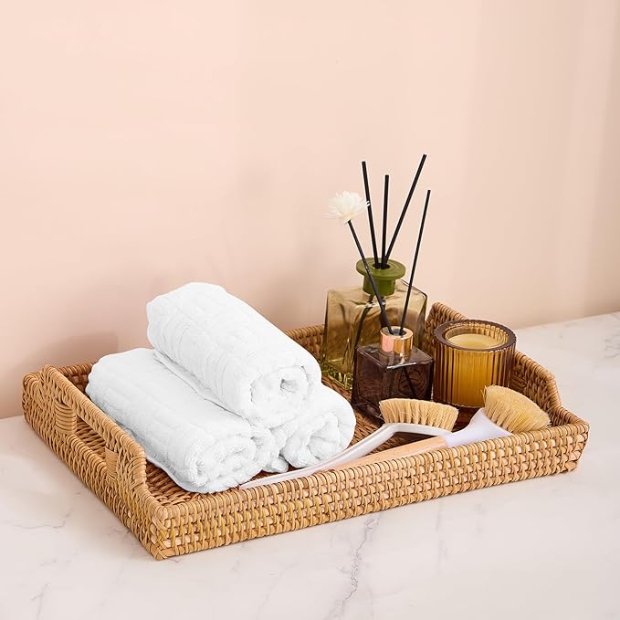 Rattan Rectangular Serving Tray with Handles, Hand-Woven Wicker Decorative Tray for Coffee Table,Vintage Boho Style Decor for Dining, Kitchen, Bathroom, Outdoor(14.4"x10.4"x1.4")