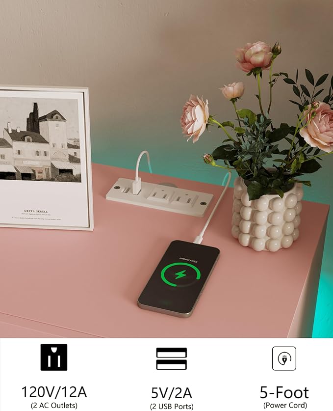 White Nightstand with Charging Station and LED Lights,Modern Bedside Table with 2 Storage Drawer,Night Stand with Solid Wood Legs,White (Pink)
