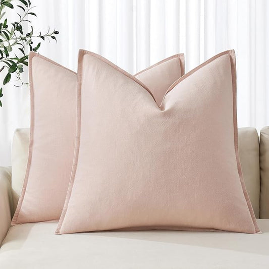 MIULEE Decorative Linen Pillow Covers 18x18 Inch Light Pink Boho Farmhouse Neutral Valentine Spring Couch Throw Pillows for Bed Pack of 2 Accent Modern Pillowcase Sofa Livingroom Home Decor