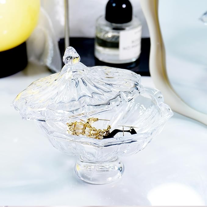 Glass Candy Dish with Lid 4oz, Clear Decorative Crystal Bowl with Thick Base – Small Dessert Bowl for Ice Cream, Jewelry, Candies, Nuts, Candle Holder, Party and Table Decor