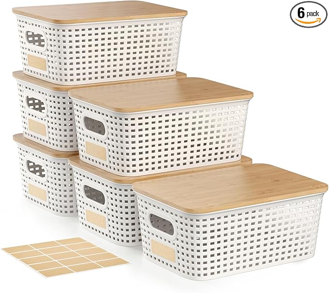 Plastic Storage Bins with Bamboo Lid - Stackable Pantry Storage Organizer with Lid - Storage Basket with Lable for Organizing: Small Storage Box for Shelves Cabinet Office Drawer Desktop 10x7x4in 6Pcs