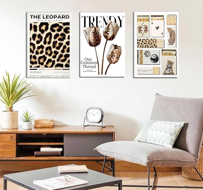 3 Pcs Trendy Leopard Print Wall Art Matchbox Lucky Flower Posters Print Art Leopard Pictures Room Wall Decoration Girl Aesthetics Preppy Style Dorm Decor Suitable for Living Doom Dining Room Bedroom Office Bar Etc