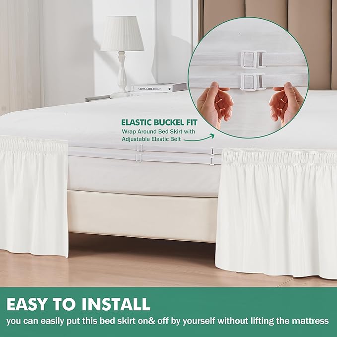 Biscaynebay Wrap Around Bed Skirts with Split Corners for Queen Beds 15" Drop, Ivory Adjustable Elastic Dust Ruffles Easy Fit Wrinkle Resistant Silky Luxurious Fabric Machine Washable