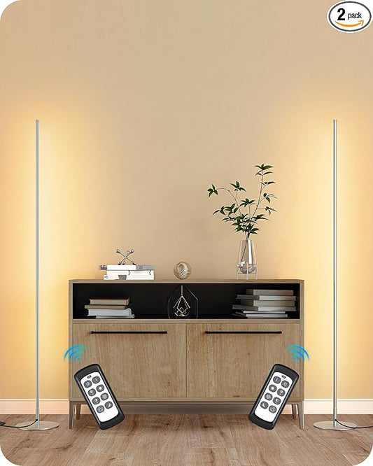 EDISHINE LED Corner Lamp, Set of 2 Minimalist Dimmable Light with Remote, 57.5" Tall Slim Sleek Floor Lamps for Living Room, Bedroom, Office, 7 Color Temperature 2700-6000K, (Silver)