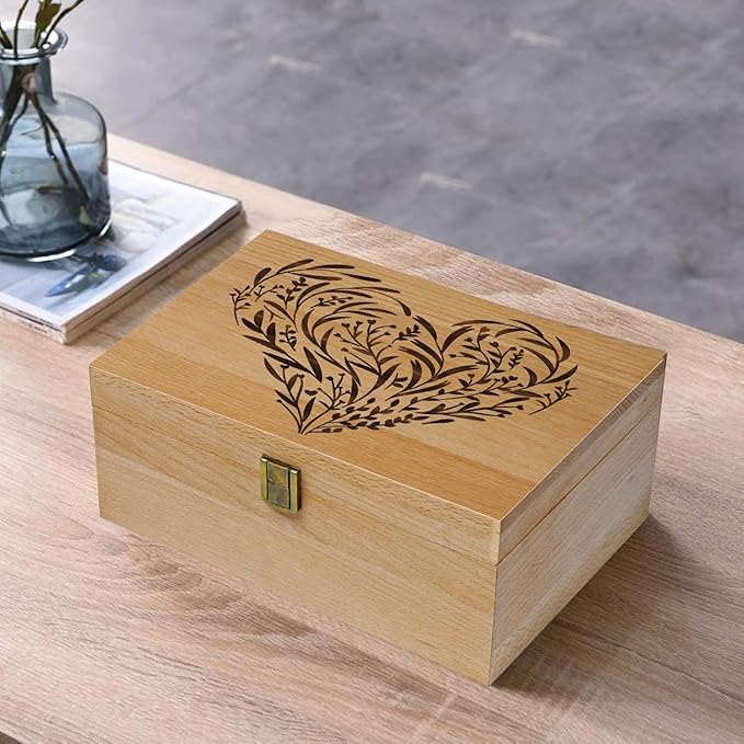 Memory Keepsake Wooden Box, Floral Heart Engraved Keepsake Boxes with Lids, Memory Box for Keepsakes for Anniversary, Wedding, Memory, Birthday, Valentines Day, Wood Box for Office or Home