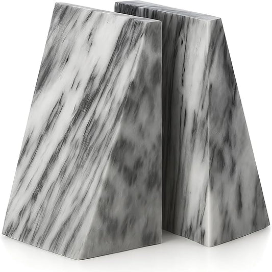 Bey-Berk Harold Carrera Marble Bookends (Grey, Set of 2), 4" x 2.5" x 6" Wedge Book Ends, 6.45 lb Solid Stone Desk and Shelf Decor
