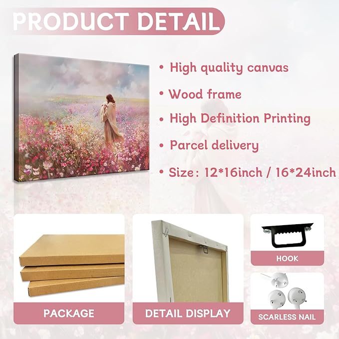 Jesus Embraces Lamb Canvas Wall Art, Pink The Lost Lamb Christian Wall Decor Paintings, Jesus Leaves the 99 Sheep Bible Stories Posters Prints for Church Living Room Bedroom 16x24 Inch Framed