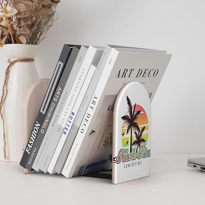 Puerto Rico Summer Wood Bookends Stands Decorative Non-Slip Book Organizers for Home Office Desk Library School Study 1 Pair