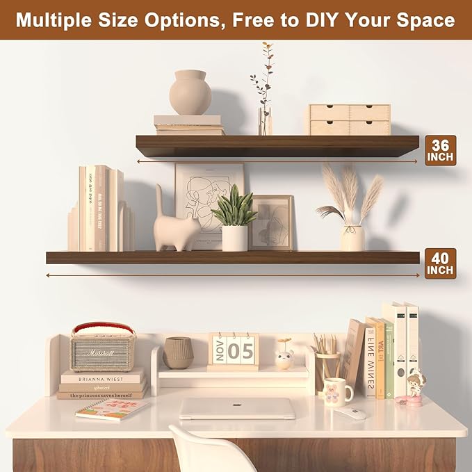 12 Inch Deep Floating Shelves for Wall 2 Pack Floating Shelfs Large Storage Space Wall Decor Display Shelf for Bathroom Living Room Bedroom Kitchen 23.8" W x 12" D x 1.2" H Walnut