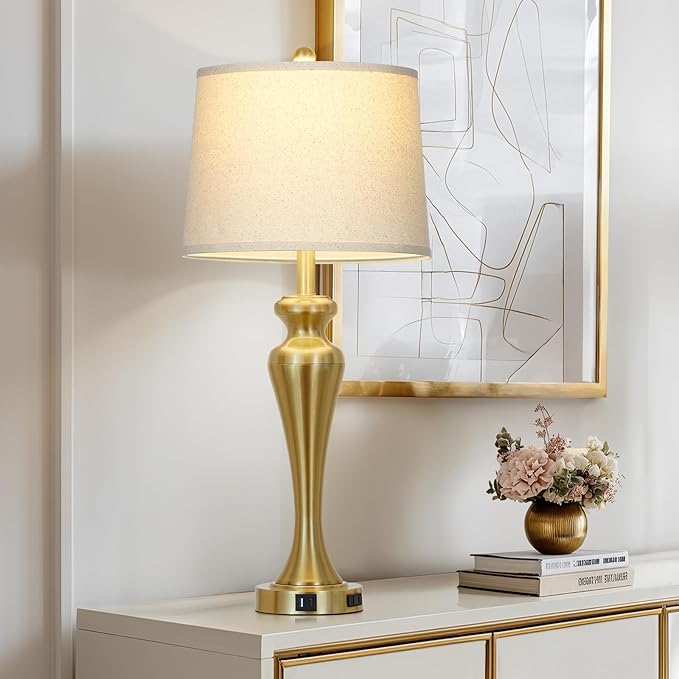 30" Table Lamp Single, 3-Way Dimmable Touch Bedside Lamp with USB A+C Ports and AC Outlet, Tall Living Room Lamps for Side Table, Modern Bedroom Lamp for Nightstand, Gold-1PK