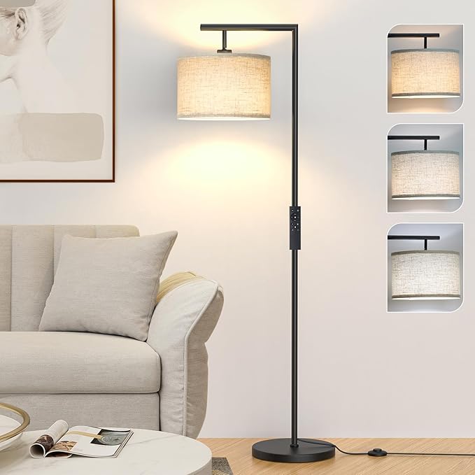 CNXIN Floor Lamps with Remote Control and Stepless Dimmable Color Temperature and Brightness Standing Lamp with Adjustable Beige Linen Lampshade Pole Lamp for Bedroom Office, 9W Bulb Included, Black