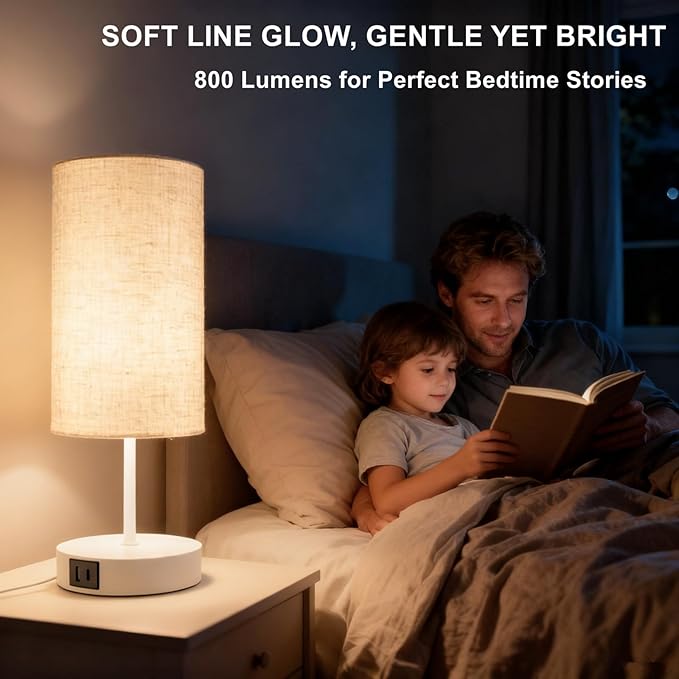 HiBay 2-Set 17.75" Touch Bedside Table Lamps with USB Charging Ports & AC Outlet, Modern White 3-Way Dimmable 800lm LED Nightstand Lights with Fabric Shade for Bedroom Living Room Dorm